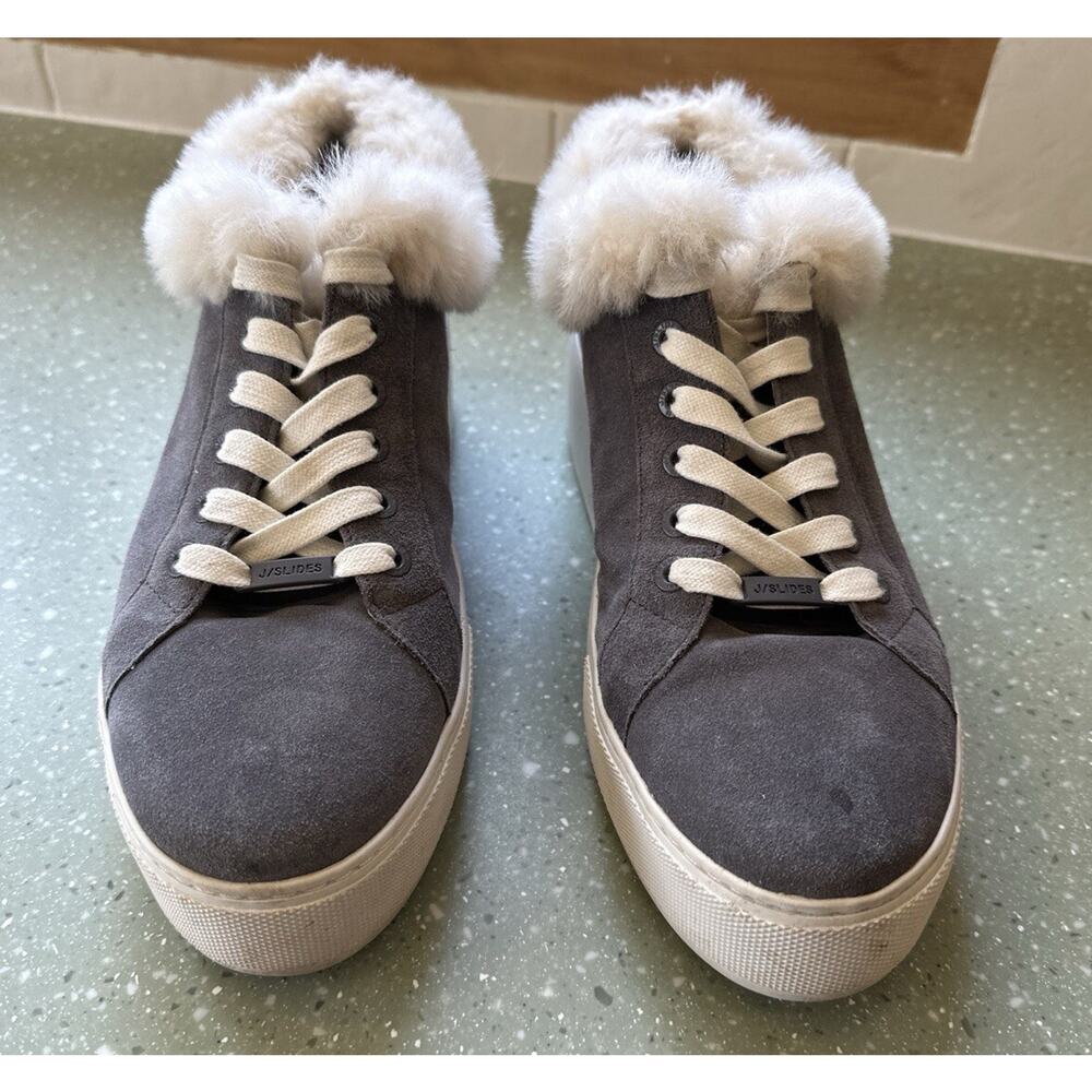J/Slides NYC Mellia Platform Suede Lace Up Faux Fur Sneaker Shoes Gray 9.5